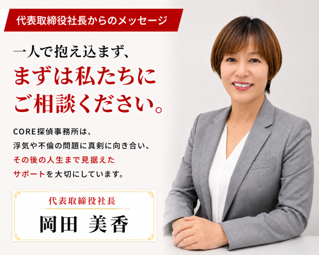 CORE探偵事務所 代表取締役 岡田美香|浮気・不倫調査と夫婦問題のご相談