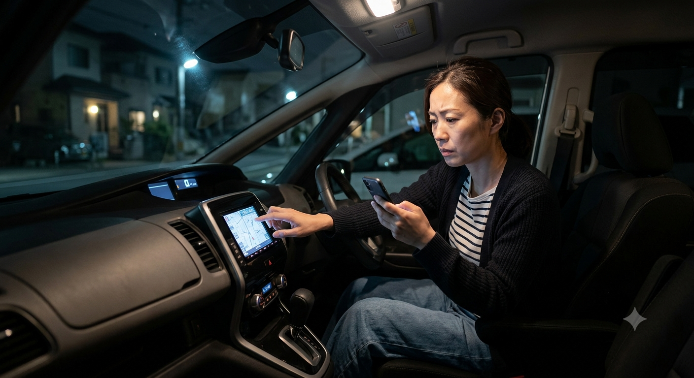 夫の浮気を疑い、車内でスマートフォンを確認する女性