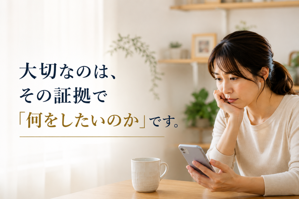 不貞の証拠について悩み、スマートフォンを見つめながら今後どうすべきか考える女性のイメージ