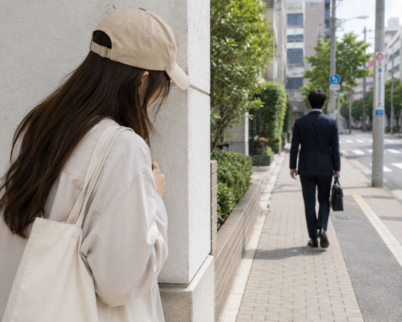 昼間の街中で対象者を尾行する探偵のイメージ画像。浮気調査や素行調査で行われる尾行調査を表現しています