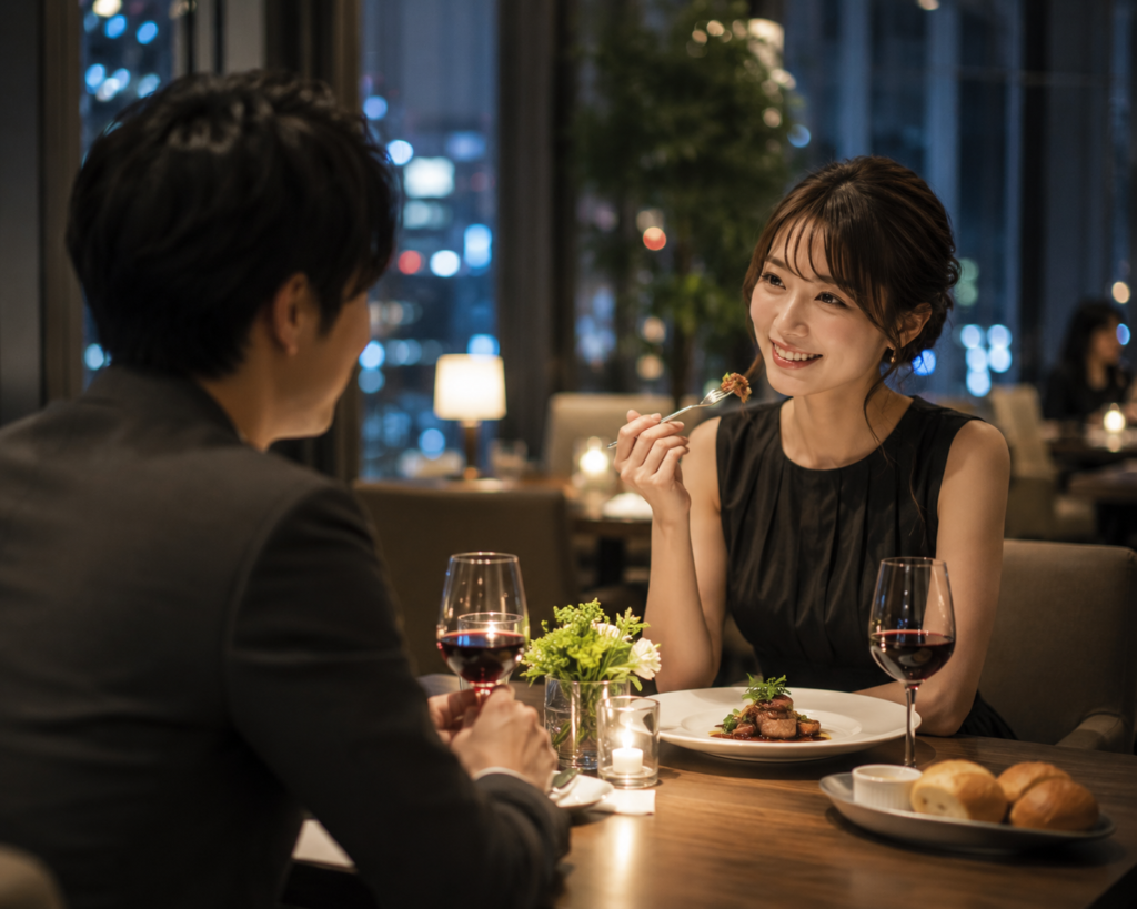 おしゃれなレストランで食事を楽しむ男女のイメージ画像。探偵による浮気調査や素行調査で確認される会食シーンを表現しています。