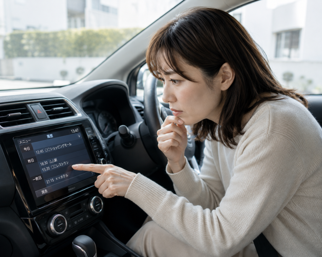 車内でカーナビの履歴や登録地点を確認する女性のイメージ画像。夫の浮気を疑い、行動履歴を確認して証拠を探す様子を表現しています。