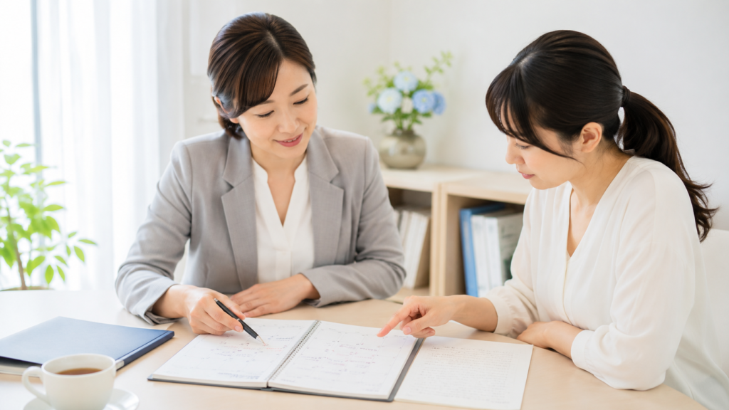 対象者の行動予定を整理しながら浮気調査の日程を話し合う様子