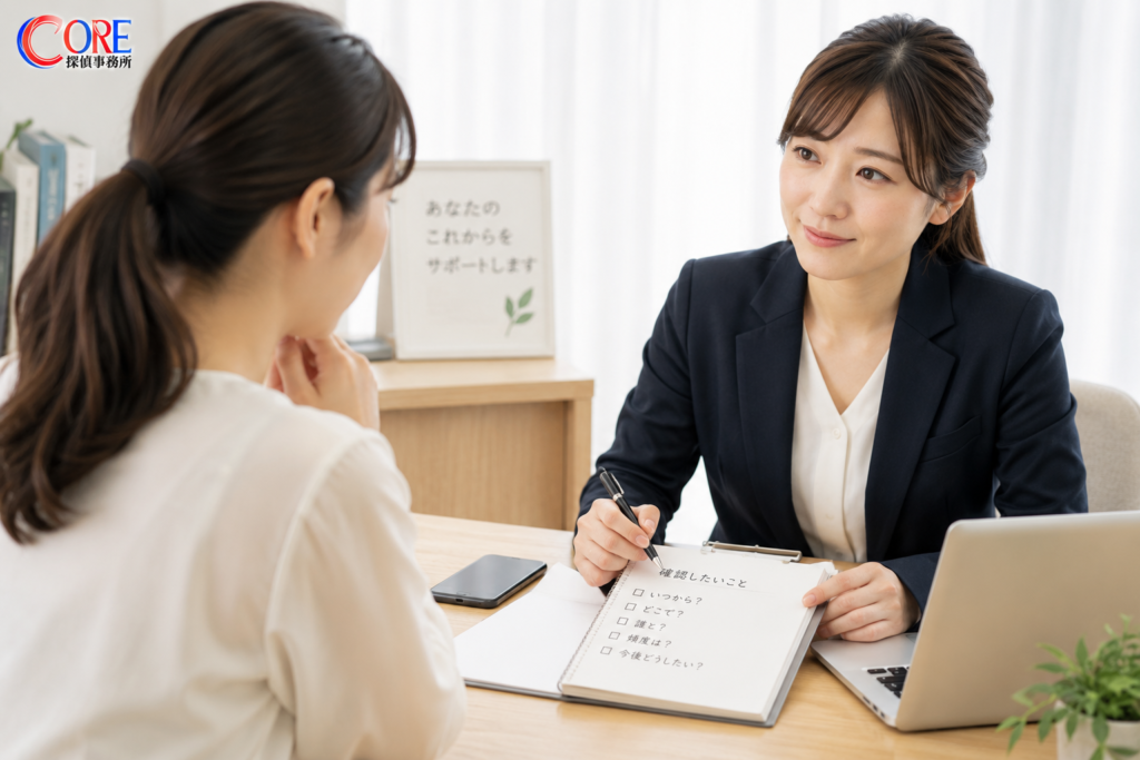 浮気の疑いについて担当カウンセラーに相談する女性