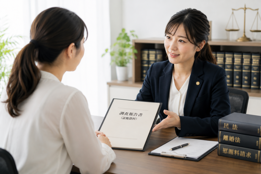 浮気調査後に調査報告書を持って弁護士へ相談する女性