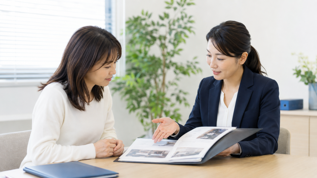浮気調査終了後に担当者から調査報告書の説明を受ける相談者