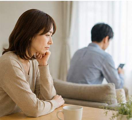 夫の帰宅時間が遅くなり休日の予定が増えたことに悩む女性