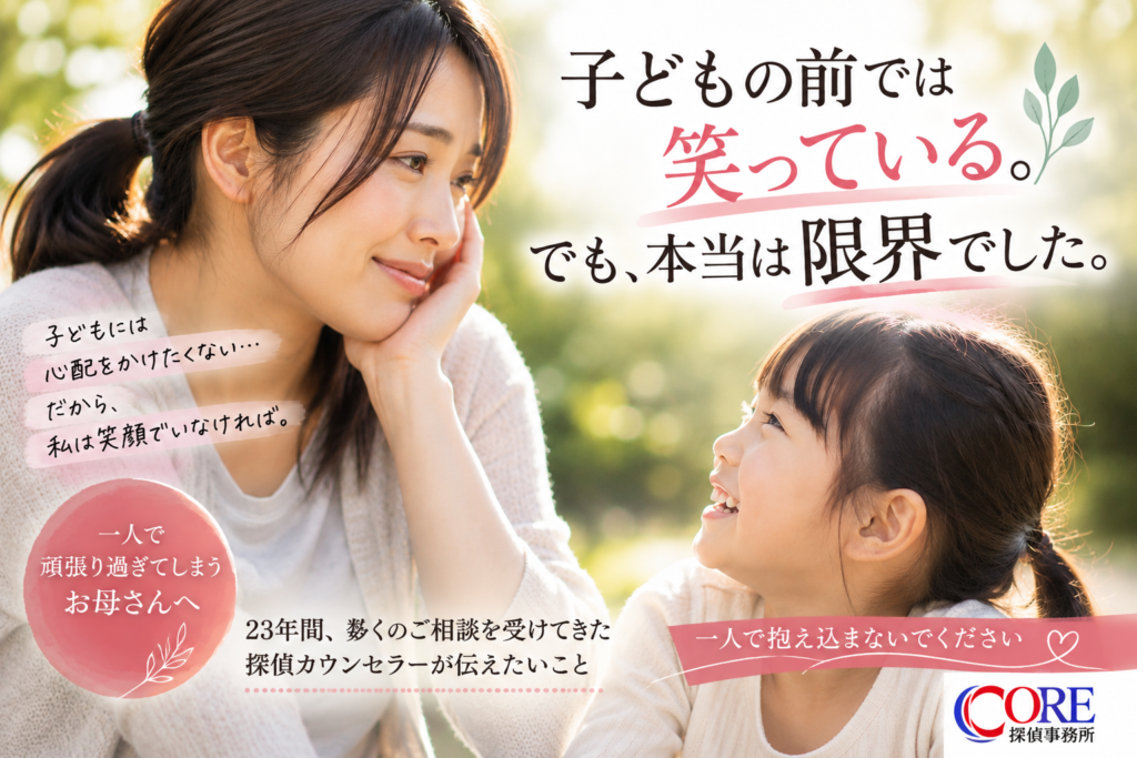 子どもの前では笑顔を見せながらも、一人で悩みを抱える母親のイメージ