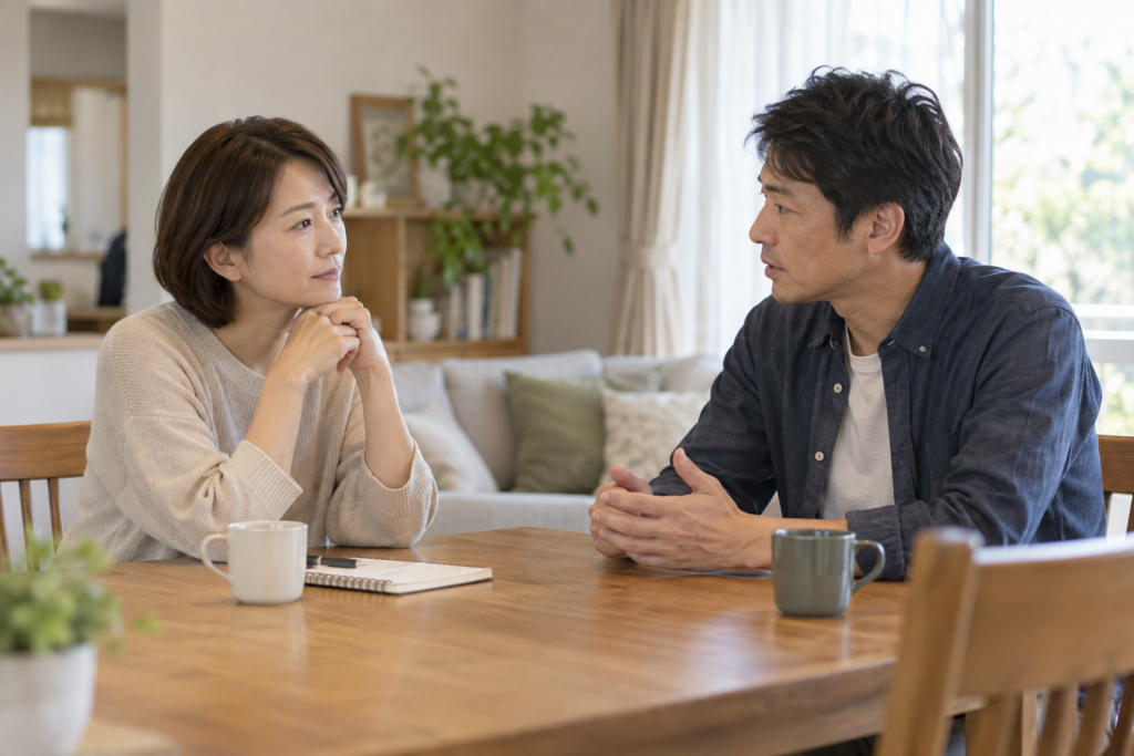 浮気発覚後の夫婦関係について自宅で話し合う夫婦