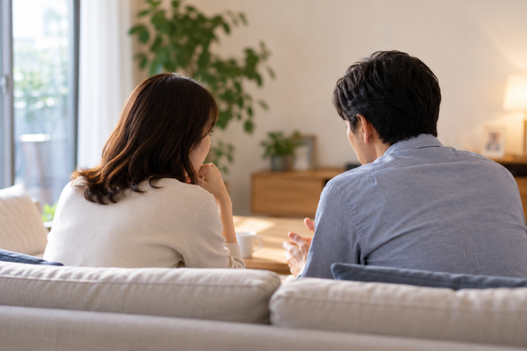 浮気後の夫婦関係についてリビングで話し合う夫婦
