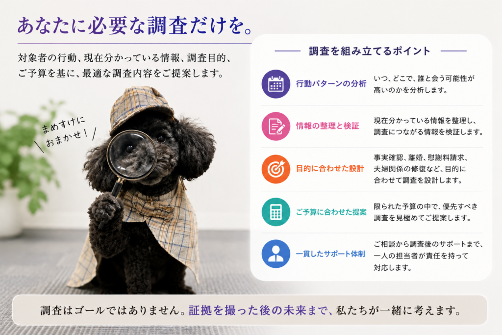 対象者の行動、現在の情報、調査目的、予算を基に、一人ひとりに合った浮気調査を組み立てるポイントを説明する図