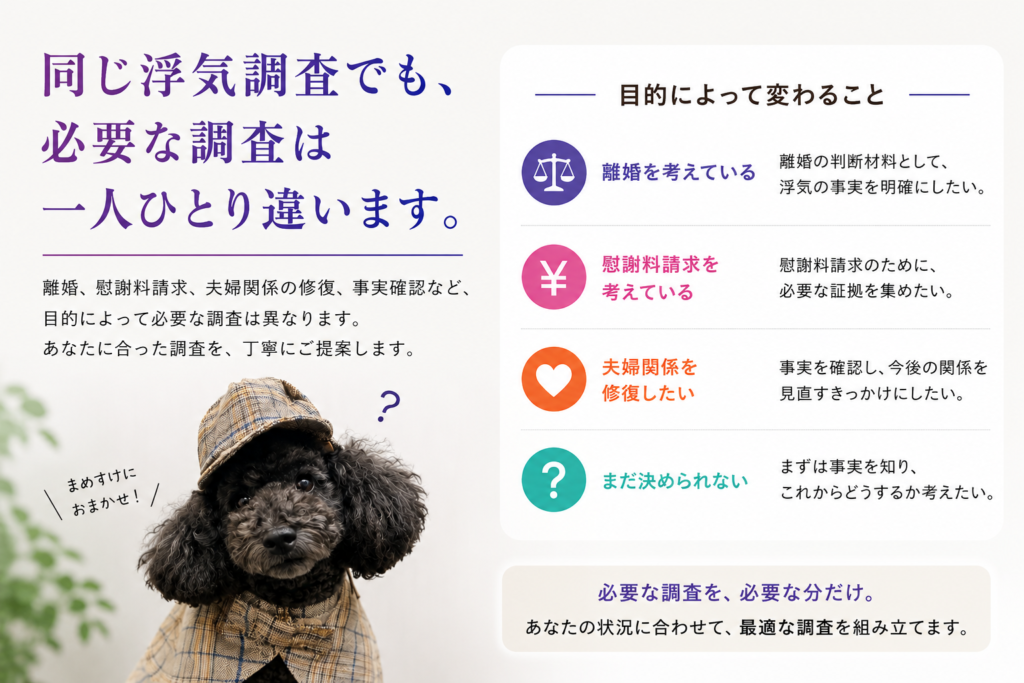 離婚、慰謝料請求、夫婦関係の修復、事実確認など、目的によって必要な浮気調査が異なることを説明する図