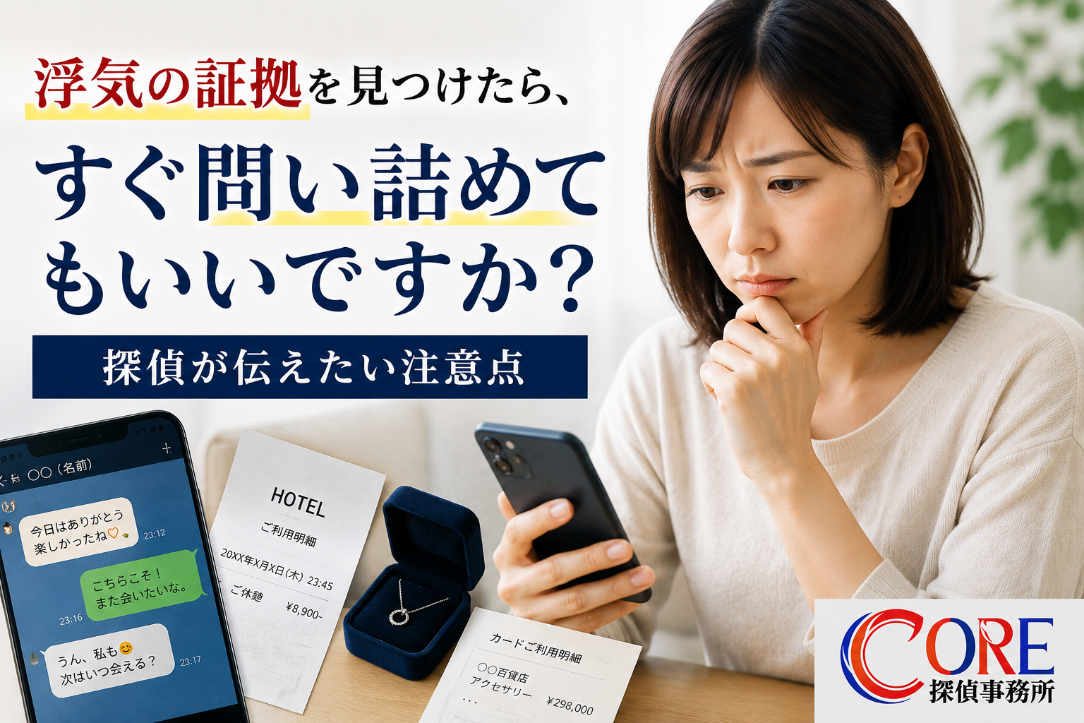 浮気の証拠を見つけて夫を問い詰めるべきか悩む女性
