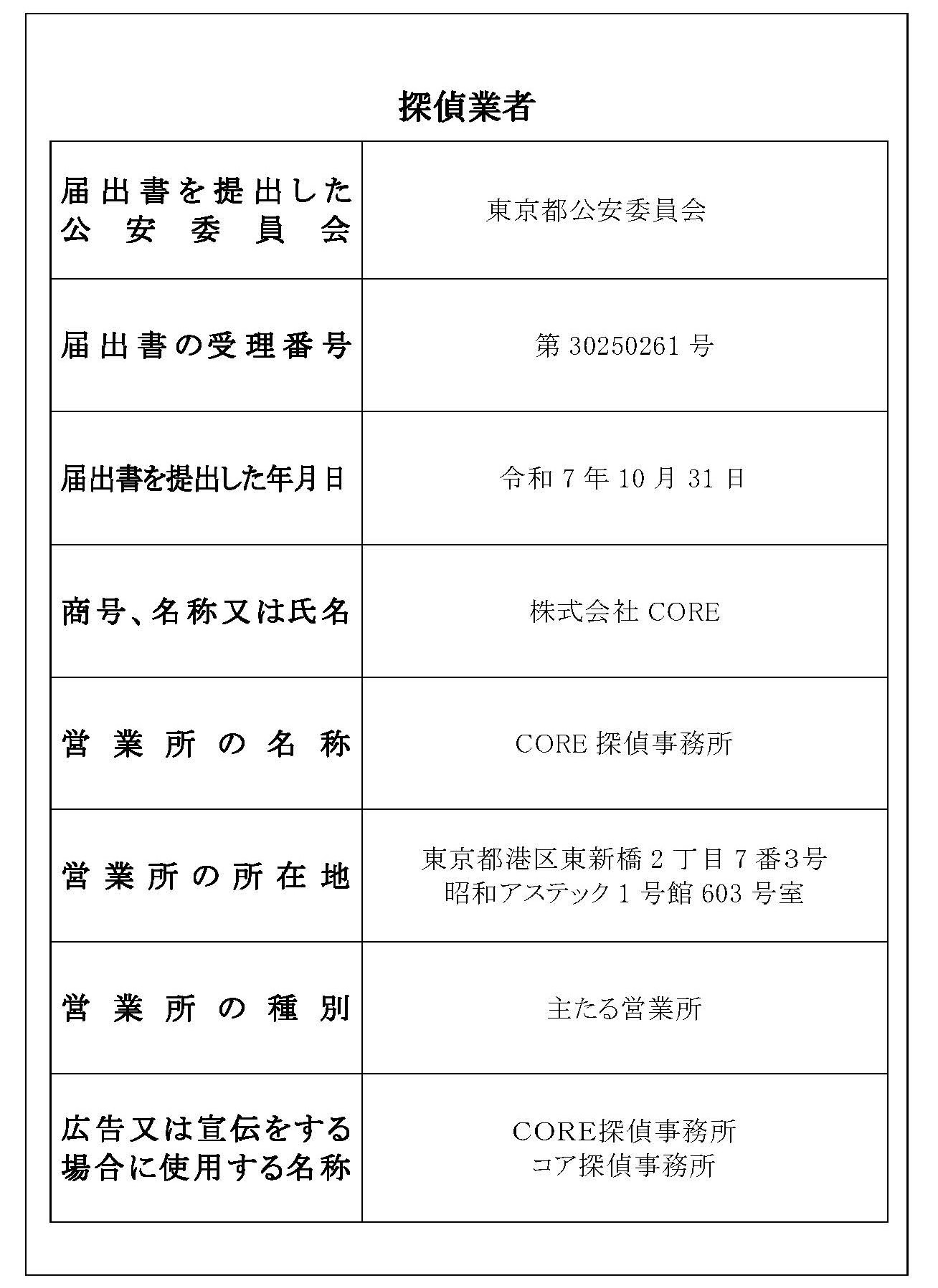 CORE探偵事務所の探偵業標識（東京都公安委員会 第30250261号）