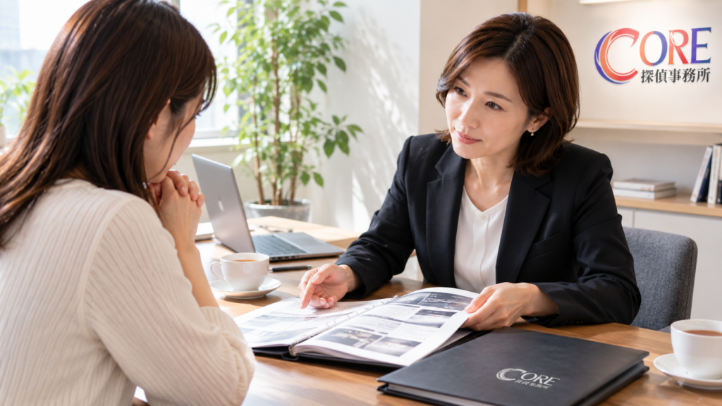 浮気調査の結果を確認しながら今後について相談する女性とカウンセラー