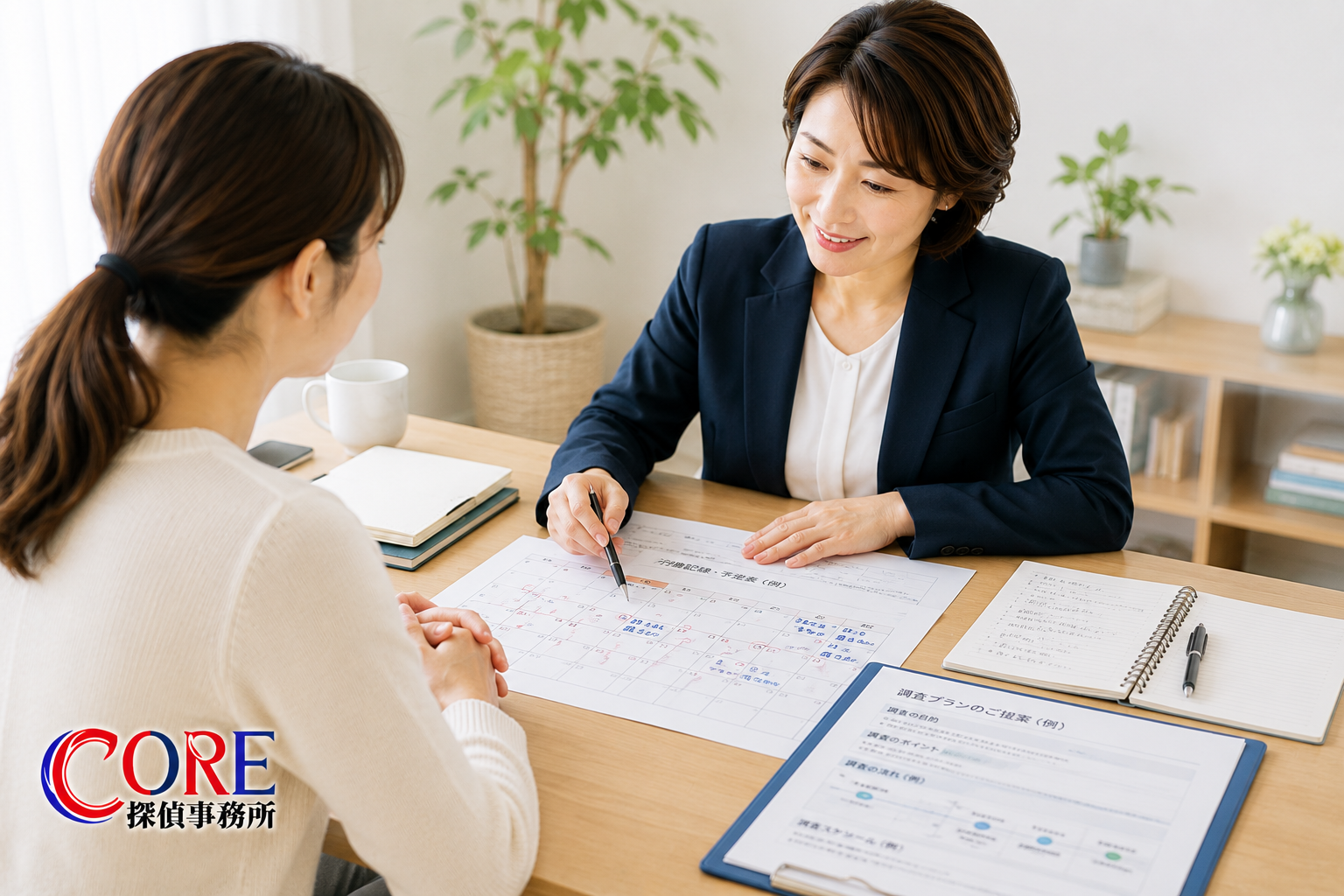 浮気調査について相談者の話を聞く女性カウンセラー