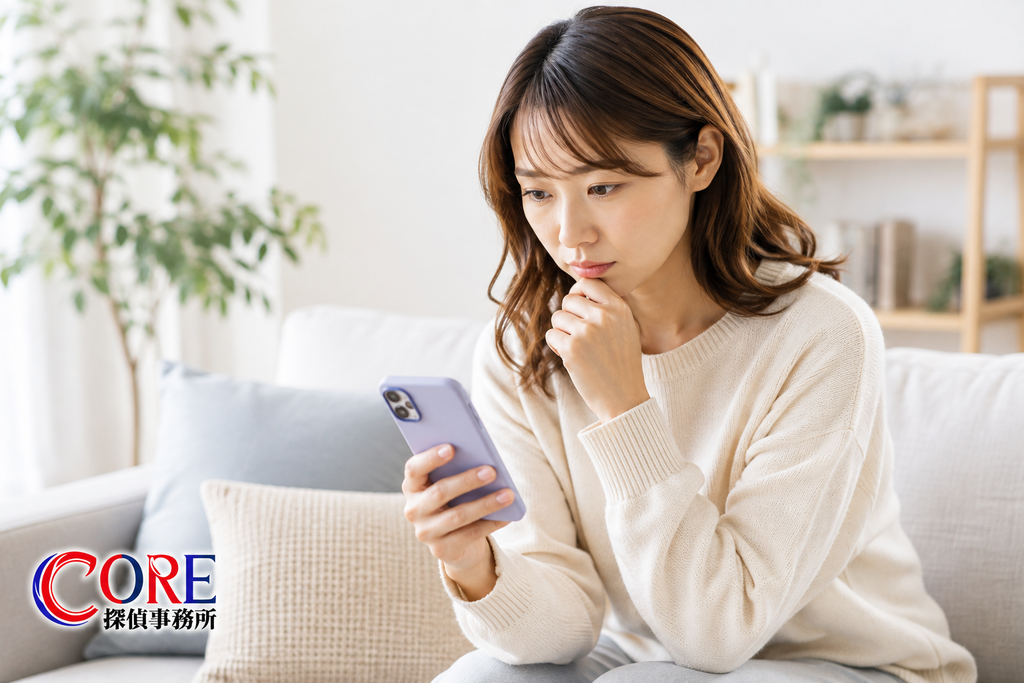 スマートフォンで浮気調査の料金や調査時間について調べる女性