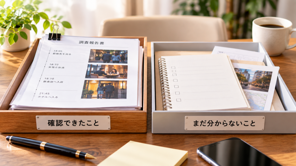 浮気調査で確認できたこととまだ分からないことを分けて整理するイメージ