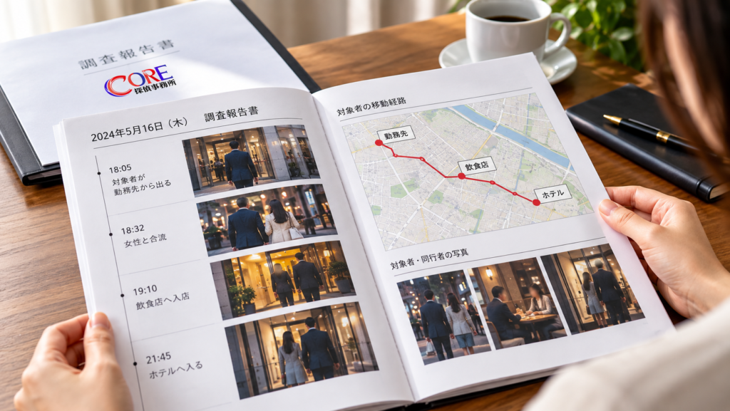 浮気調査報告書の行動記録や写真、移動経路を確認するイメージ