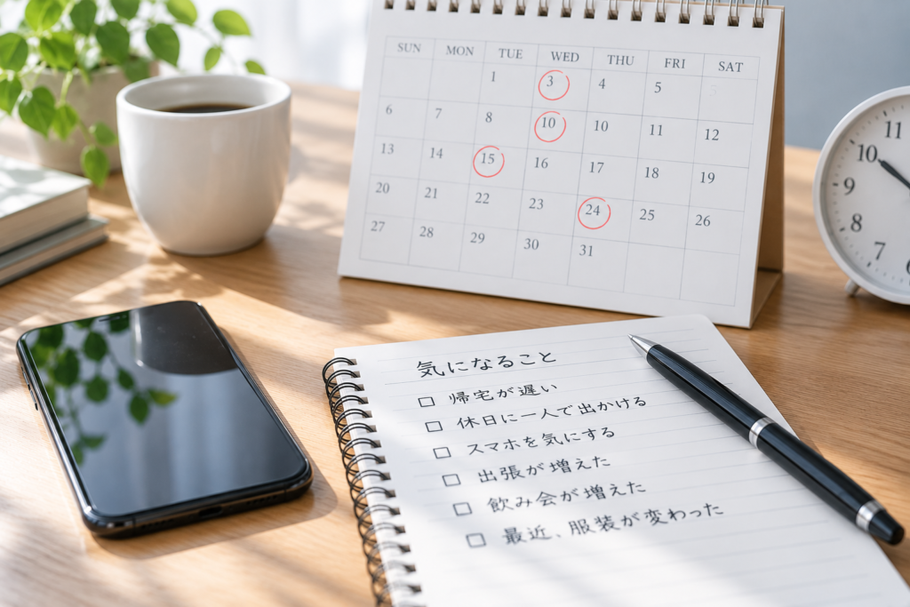 浮気調査の相談前に怪しい日や行動の変化をカレンダーで整理するイメージ