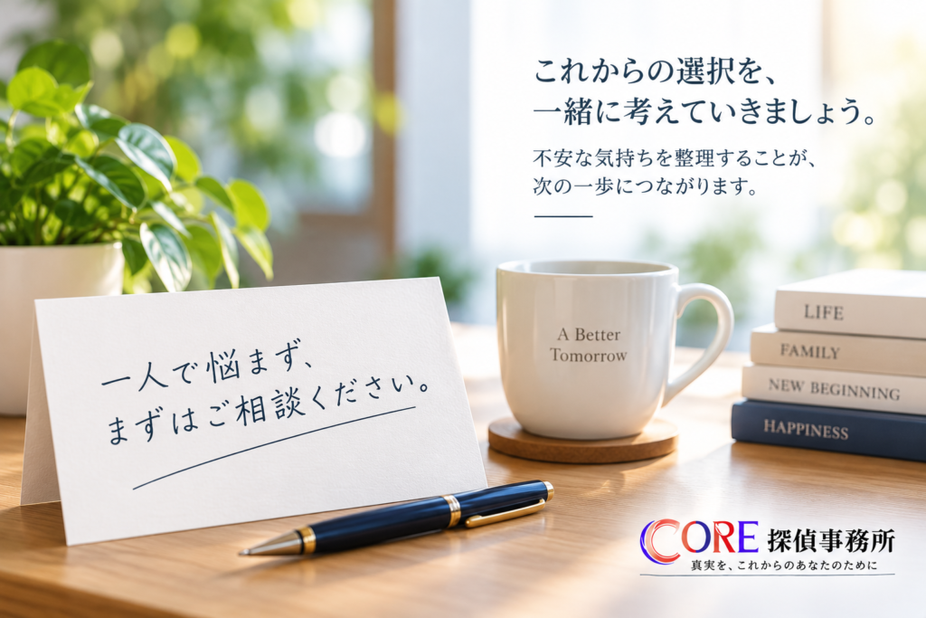 浮気調査の日が分からなくても一人で悩まず相談できるCORE探偵事務所のイメージ