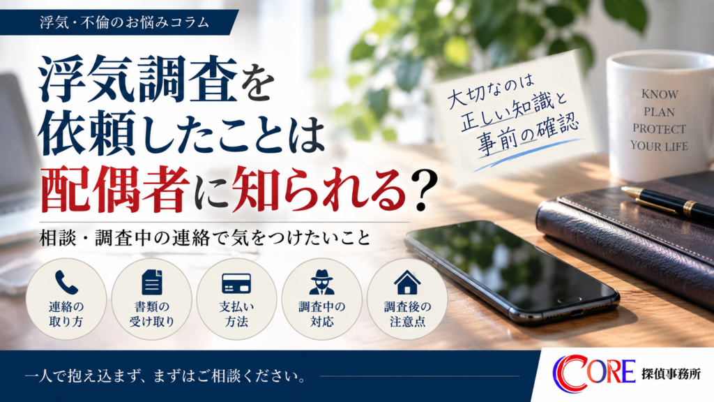 浮気調査を依頼したことが配偶者に知られる不安と、相談・調査中の連絡で気をつけたいことを解説するアイキャッチ画像