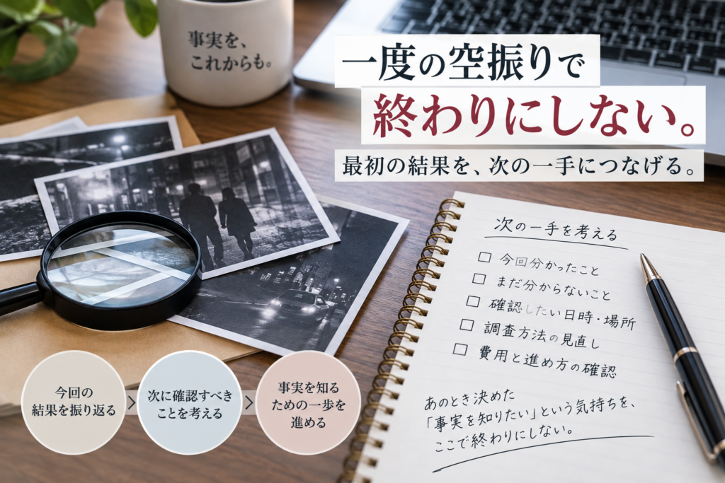 浮気調査で証拠が撮れなかったとき、今回分かったことを振り返り、次に確認すべきことを考えるイメージ画像