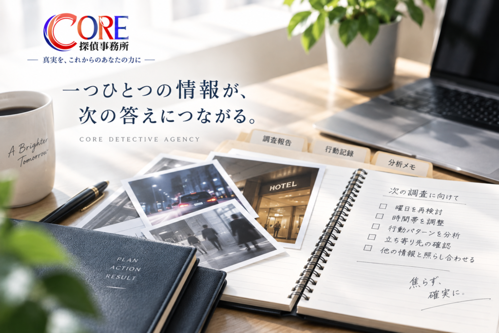 浮気調査で得られた行動記録を整理し次の調査計画につなげるイメージ