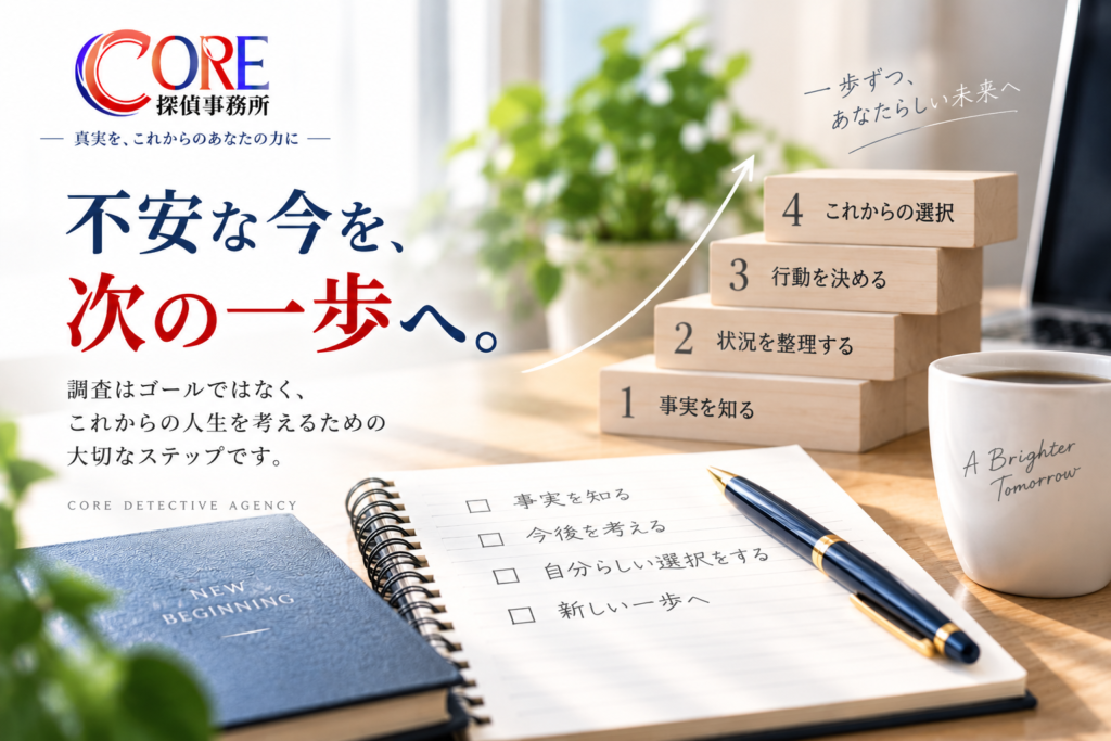 浮気調査の結果を踏まえて状況を整理し次の一歩を考えるイメージ