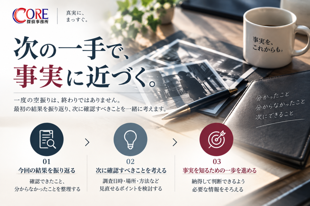 浮気調査の結果を振り返り、次に確認すべきことを考え、事実を知るための一歩を進める3つのステップ