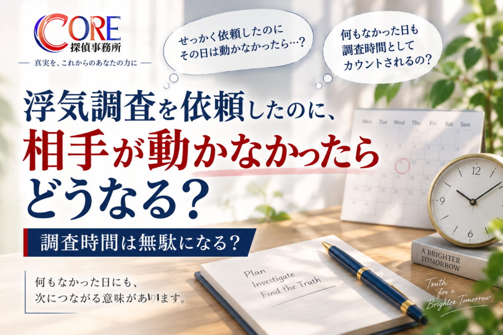 浮気調査を依頼した日に相手が動かなかった場合の調査時間について解説するCORE探偵事務所のイメージ