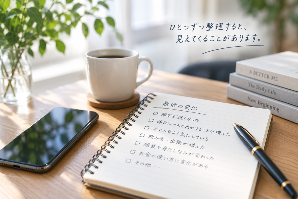 夫の帰宅時間や外出など最近の行動の変化を整理するイメージ