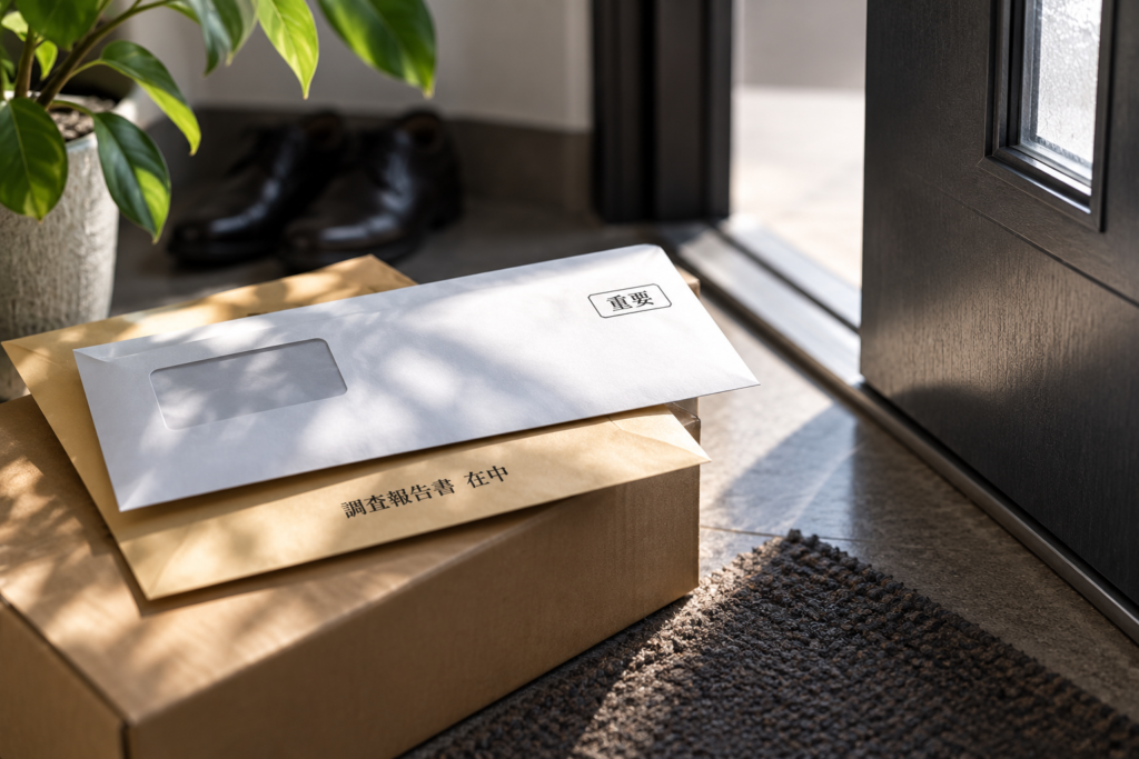 玄関先に置かれた封筒と荷物。調査書類の受け取り方に注意が必要な場面