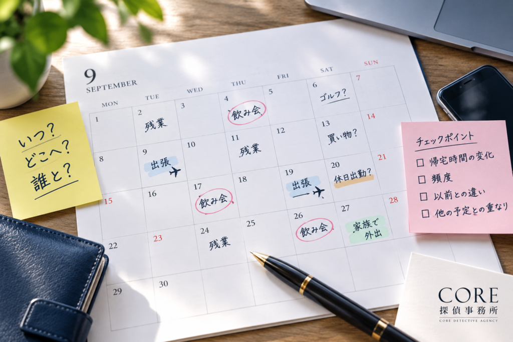 浮気調査の日程を決めるために帰宅時間や飲み会、出張、休日出勤などの行動パターンを確認するイメージ