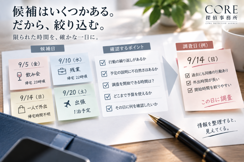 浮気調査の候補日が複数ある場合に行動パターンや予定、予算から調査日を絞り込むイメージ