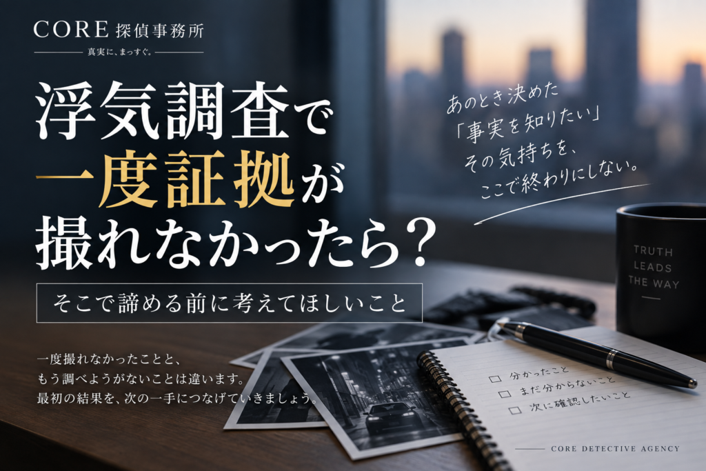 浮気調査で一度証拠が撮れなかったとき、諦める前に考えてほしいことを伝えるアイキャッチ画像
