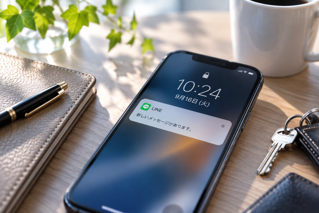 机の上のスマートフォンにLINEの新着メッセージ通知が表示されている様子