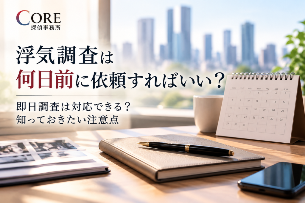 浮気調査は何日前に依頼すればいいか、即日調査の注意点を解説するアイキャッチ画像