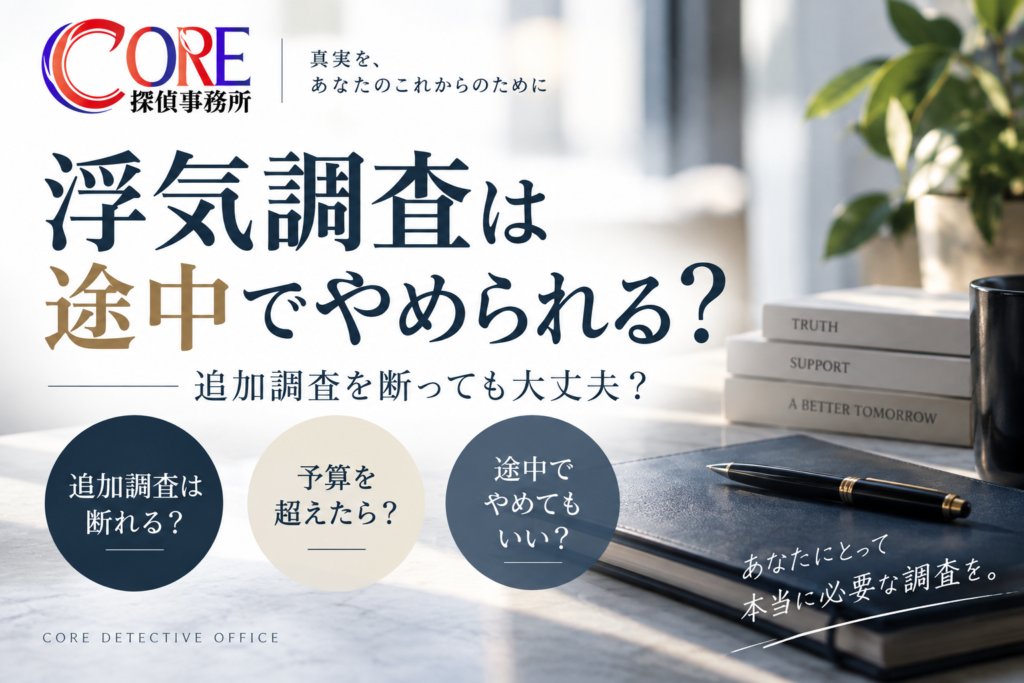 浮気調査を途中でやめる場合や追加調査を断る場合について解説するCORE探偵事務所のイメージ
