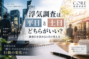 浮気調査は平日と土日のどちらがいいのか、調査日を決める考え方を解説するCORE探偵事務所のイメージ